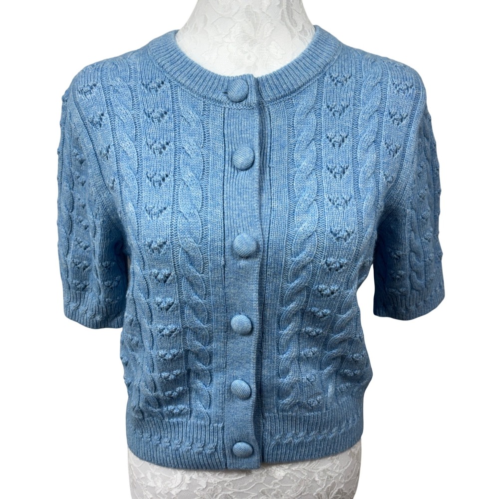 Lilla P Blue Cable Knit Short Sleeve Cropped Button Cardigan Sweater Womens XS